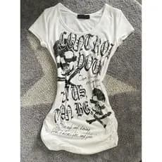 Camiseta Feminina Y2k de Verão Estilo Vintage Punk Rock com Estampa de Caveira, Manga Curta [Fantasia de Halloween] 3814