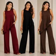 Conjunto Feminino Mulher Elegante Calça Pantalona e Blusa Regata Assimetrica