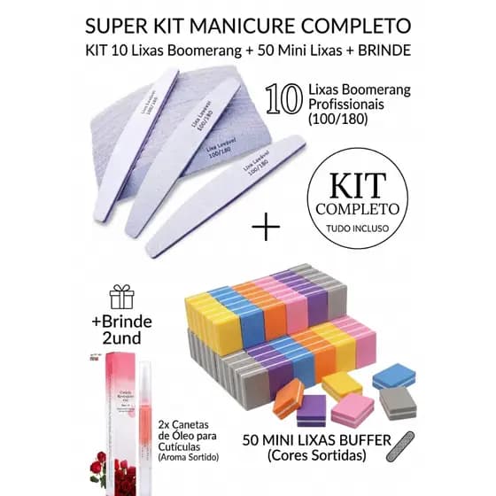Kit 10 Lixas Unha Boomerang Profissional + 50 Mini Lixas Polidora Nails + Brinde 2 Canetas Cutícula
