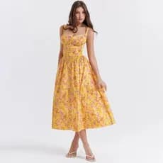 Vestido de Verão Mingmingxi 2024, Novidades, Vestido Casual Amarelo com Estampa Floral, Vestido Elegante com Amarração p