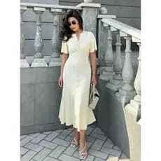 Vestido Elegante de Malha com Barra Plissada Mingmingxi, Decote Redondo, Manga Curta, Vestido Maxi Casual, Vestidos de B