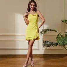 Vestido de Festa de Verão Suninheart, Vestido Mini Amarelo de Chiffon com Decote Halter, Vestidos Casuais com Barra Infe
