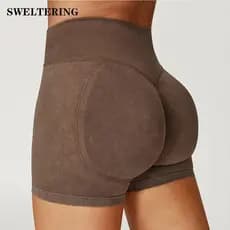 Shorts de Yoga Femininos de Cintura Alta, Shorts de Yoga com Efeito Lavado, Shorts de Treino, Shorts de Yoga para Fitnes