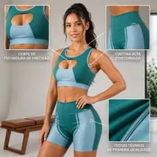Conjunto Fitness Feminino Top e Short Cós Alto Alta Compressão Modelador Sem Transparência