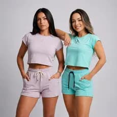 Conjunto Feminino Cropped e Short Soltinho Moda Verão Casual Academia Blusa Básica Confortável