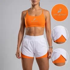 Conjunto Fitness Feminino Top e Short Duplo Laranja Corrida Academia Treino Cintura Alta Tactel