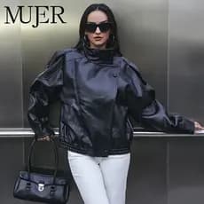 Jaqueta Feminina de Couro Sintético MUJER, Jaquetas Bomber Oversize para Mulheres, Casacos de Inverno, Jaqueta Fashion F