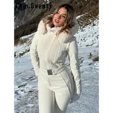 Macacão de Esqui Feminino com Capuz, Gola Alta, Zíper, Ajuste Slim, Cor Sólida, Moda Inverno 2025, Roupas Casuais de Rua