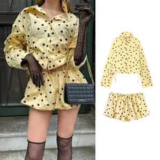 Novos Conjuntos Femininos de Primavera 2026, Moda Nova, Conjunto Elegante Amarelo com Bolinhas para Mulheres Jovens, Est