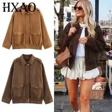 Jaqueta Bomber Feminina HXAO Outono 2025, Casacos Curtos de Camurça, Casacos Cáqui e Cáqui Escuro, Novidades em Casacos