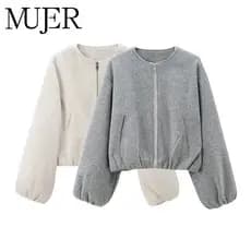 JAQUETA BOMBER DE FLANELA PARA MULHERES 2025, Jaqueta Esportiva Feminina com Zíper Macio, Manga Longa, Jaqueta Curta, Ca