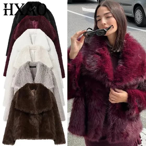 Jaquetas Femininas HXAO, Casaco Curto Fluffy, Jaqueta de Pelúcia, Casaco de Outono Inverno, Blusas de Manga Longa, Roupa