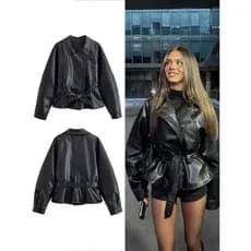 Casaco Curto de Couro Sintético para Mulheres HH, Jaqueta de Manga Longa com Lapela e Cinto, Estilo Vintage, Jaqueta de