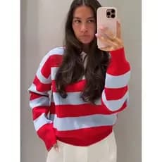 TFMLN Novo Suéter Feminino de Tricô com Gola Dobrada, Listras, Manga Longa, Pulôver Casual Solto para Primavera 2026