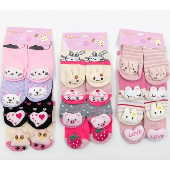 Kit Meia Infantil 3D Chocalho Antiderrapante Bichinho Menina E Menino Conforto（A）