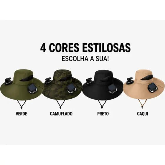 Chapéu Solar com 2 Ventiladores Aba Larga e Proteção UV Ideal para Pesca Camping Praia e Atividades ao Ar Livre