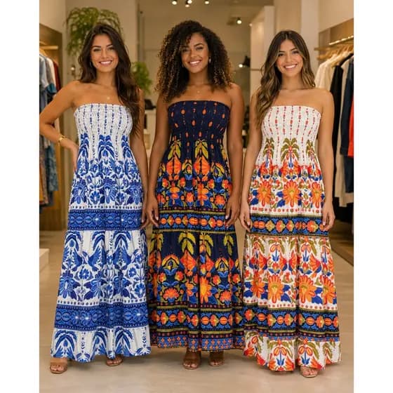 Vestido Longo Tomara que Caia Lastex Estampado Casual Elegante Dia a Dia Verão 2026