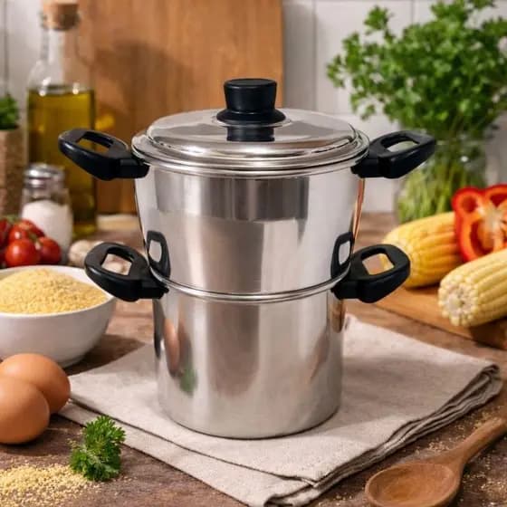 Panela  3 em 1 Cuscuzeira Panela a Vapor e Cuscuzeiro Luxo Aluminio Polido Fervedor
