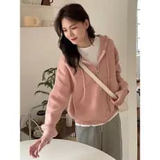 Leite Huhu rosa camisola com capuz feminino primavera início da primavera 2026 novo estilo zíper malha Cardigan jaqueta