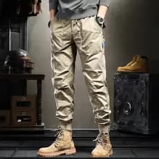 Primavera verão americano Retro macacão masculino cintura elástica Multi-bolso solto Casual tamanho grande Leggings resi