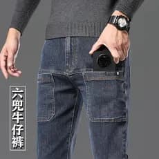 Seis bolsos primavera verão estilo fuligem tamanho grande Jeans masculino estiramento outono em linha reta bolso Diagona