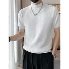Branco meia gola alta de malha de manga curta camiseta masculina verão novo estilo fino-ajuste pulôver cleanfit