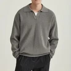 Primavera outono pequeno com decote em V camisola pulôver Retro lapela camisa POLO masculina solta High-End simples malh