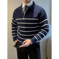 Camisola listrada masculina Casual moda zíper britânico lapela camisola masculina engrossado quente jaqueta italiana out