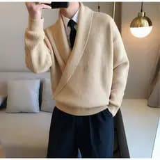 Coreano outono inverno estilo cor sólida grande decote em V drapeado único camisola masculina solta estilo preguiçoso Ca