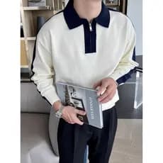 Roupas masculinas primavera outono camisola masculina versão coreana Retro contraste cor lapela Casual malha POLO camisa