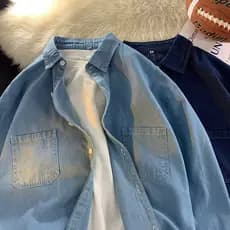 Macacão jeans camisa masculina versão coreana na moda rufião bonito All-Match solto na moda de manga comprida