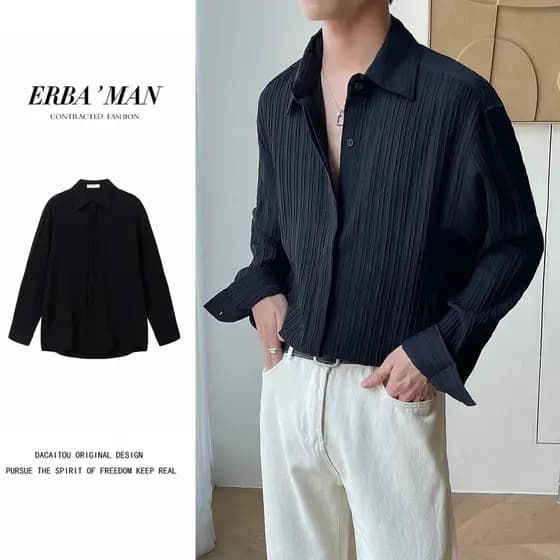 Design de rugas escuras sentir High-End solto camisa de manga comprida masculina tendência de outono INS Puffian bonito