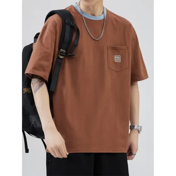 Camiseta masculina de algodão puro com bolso pesado, manga curta, verão, fina, solta, americana, retrô, algodão puro, me
