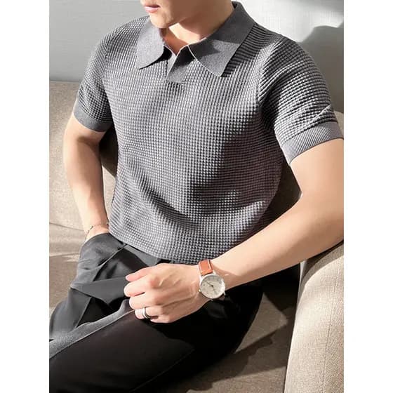Camisa polo de manga curta masculina verão fina malha lapela camiseta High-End textura Casual respirável camisa polo top