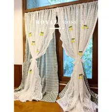 Cortina de Velcro xadrez fresca de renda dupla francesa Semi-Blackout quarto janela saliente cortina de porta sem perfur
