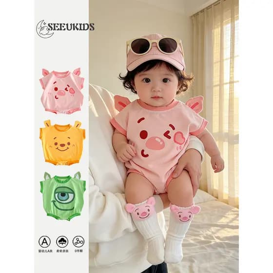 26 anos bonito respirável bebê menina dos desenhos animados algodão Piggy triângulo bebê macacão verão recém-nascido ros