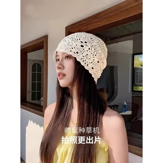 Ju Jingyi Chapéu de lã tricotado à mão do mesmo estilo feminino verão oco 2025 novo estilo chapéu Baotou chapéu pilha
