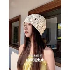 Ju Jingyi Chapéu de lã tricotado à mão do mesmo estilo feminino verão oco 2025 novo estilo chapéu Baotou chapéu pilha