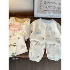 Conjunto de pijamas de gaze de dupla camada de algodão puro, estilo fino para crianças, roupas para casa de meninas, men