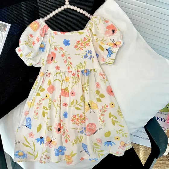 Meninas algodão vestido de seda verão manga curta Floral A linha saia bebê médio pequeno crianças moda impresso vestido