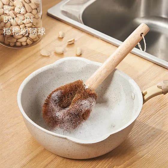 Escova de panela com cabo de madeira de palma de coco, escova de descontaminação não oleosa para cozinha, fogão de Hotel
