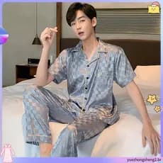 Pijamas masculinos estilo fino calças de manga curta de seda gelo Plus Size verão masculino seda Loungewear#睡衣男薄款冰丝短袖长裤加