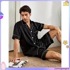 Homens E # 39 ; s Marcos Pijama , Shorts Camisa Manga Curta Com Bolso Botões-Preto