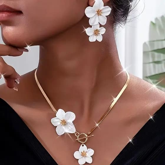 Conjunto de brincos e colar florais coloridos, simples e elegantes, acessórios versáteis e de alta qualidade.