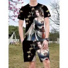 Verão na moda novo estilo masculino Casual terno de seda gelo em torno do pescoço tamanho grande moda 3D impresso Shorts