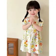 Meninas algodão vestido de seda verão manga curta Floral A linha saia menina bebê médio pequeno crianças moda impresso v