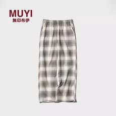 Muji Calça feminina elástica de flanela fina xadrez Casual471550 470665 471552