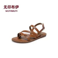 Muji verão feminino confortável moda cor sólida plana dedo do pé aberto Casual espinha de peixe sandálias com cadarço117