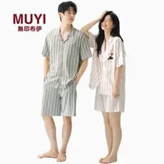 Muji masculino feminino Seersucker Shorts de manga curta pijamas casal verão puro algodão Homewear terno