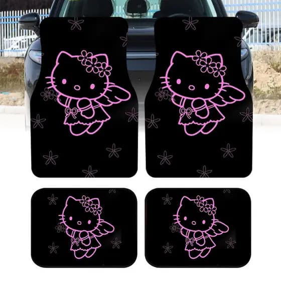 4 unidades de tapetes de pés de carro Pink Line Angel Hello Kitty, tapetes universais de interior de carro, adequados pa